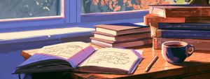 A watercolor image of a book-covered desk in autumn. An open book with diagrams sits open on the desk, with a pencil and coffee nearby.