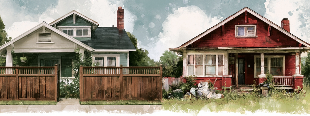 Two houses, one with a fence and a clean yard