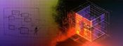 A hand-sketched threat model diagram dissolves into a glowing indigo, lime, and orange 3D wireframe cube as abstraction transforms into precise structure.