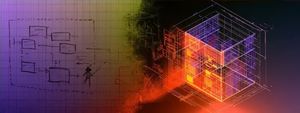 A hand-sketched threat model diagram dissolves into a glowing indigo, lime, and orange 3D wireframe cube as abstraction transforms into precise structure.