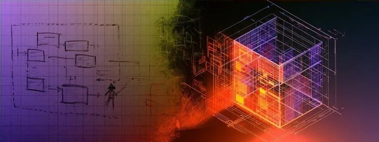 A hand-sketched threat model diagram dissolves into a glowing indigo, lime, and orange 3D wireframe cube as abstraction transforms into precise structure.