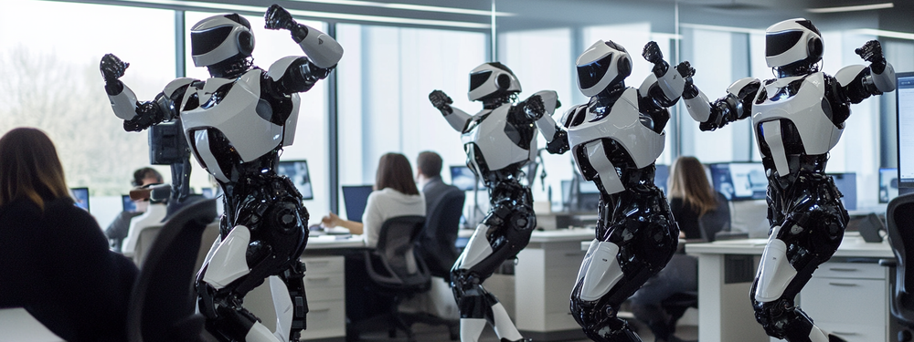 a photograph of a set of boston dynamics robot cheerleaders, encouraging people trying to do really hard work in an office