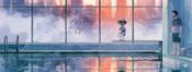 A watercolor image of a robot and human at a San Francisco rooftop pool during a conference. The robot is about to dive in.