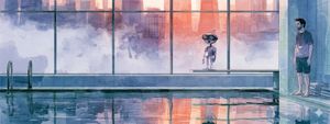 A watercolor image of a robot and human at a San Francisco rooftop pool during a conference. The robot is about to dive in.