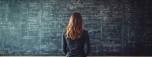 a generated image of a woman standing at a chalkboard reviewing the functions written on it
