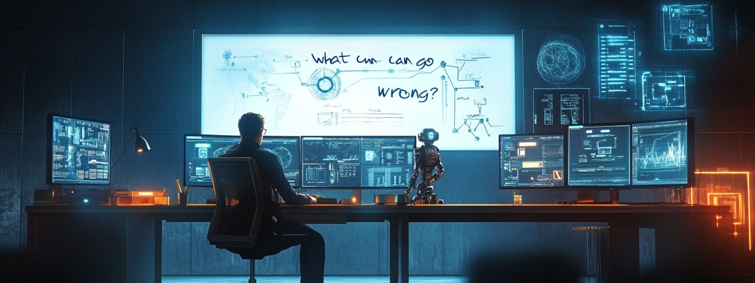 An image of a man and robot working late into the night to ask what can go wrong