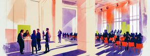 A sunlit watercolor hall where people chat at a high table beside a lime green wall, while speakers on a stage face a seated audience.