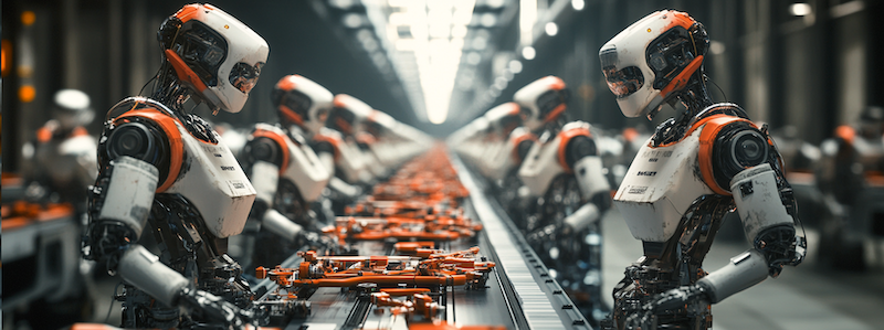 a photograph of a row of robots standing behind a conveyor belt. The robots are doing quality assurance. The belt is full of unique rube goldberg machines.